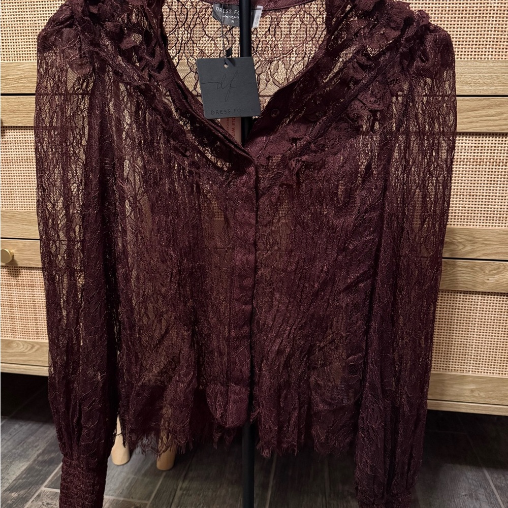 Dress Forum Burgundy Sheer Lace Button-Down Blouse